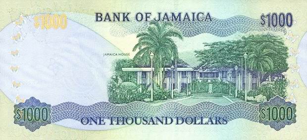 Купюра номиналом 1000 ямайских долларов, обратная сторона